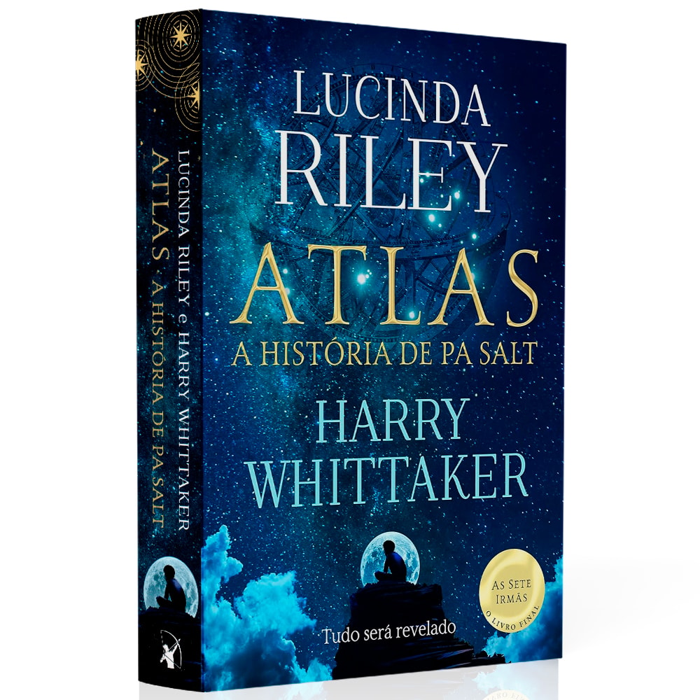 Livro de capa comum, Atlas, A História de Pa Salt de Lucinda Riley e Harry Whittaker, com capa azul escura e estrelas. — Plenitude