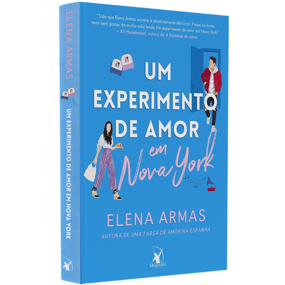 Livro Um Experimento de Amor em Nova York de Elena Armas, capa azul com ilustrações de pessoas e porta. — Plenitude
