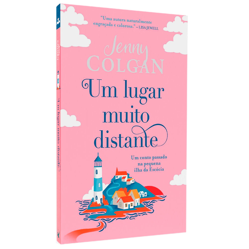 Livro de capa comum, Um Lugar Muito Distante de Jenny Colgan, com capa rosa e ilustração de farol e casas. — Plenitude