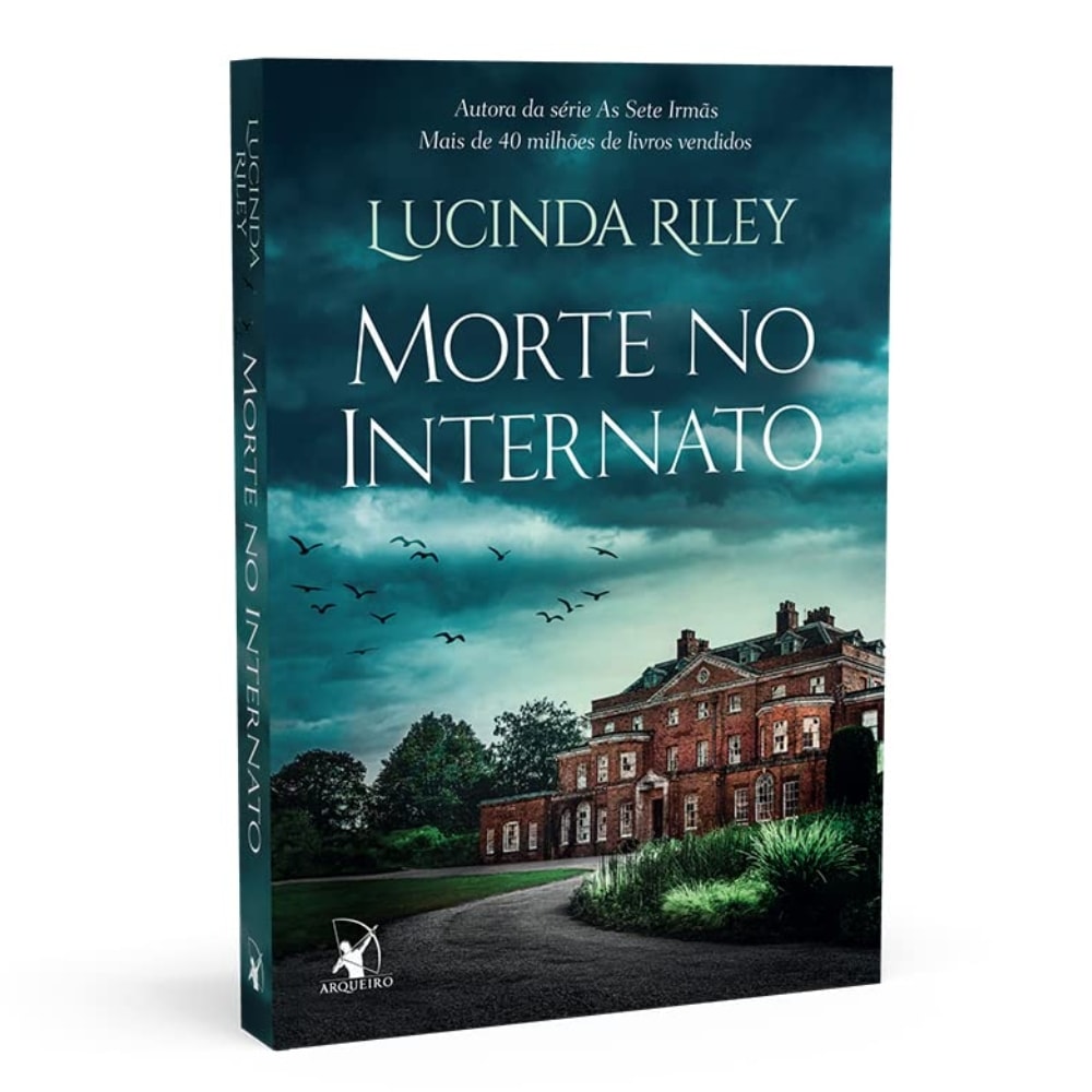 Livro de capa comum, Morte no Internato de Lucinda Riley, com capa escura e ilustração de casarão antigo. — Plenitude