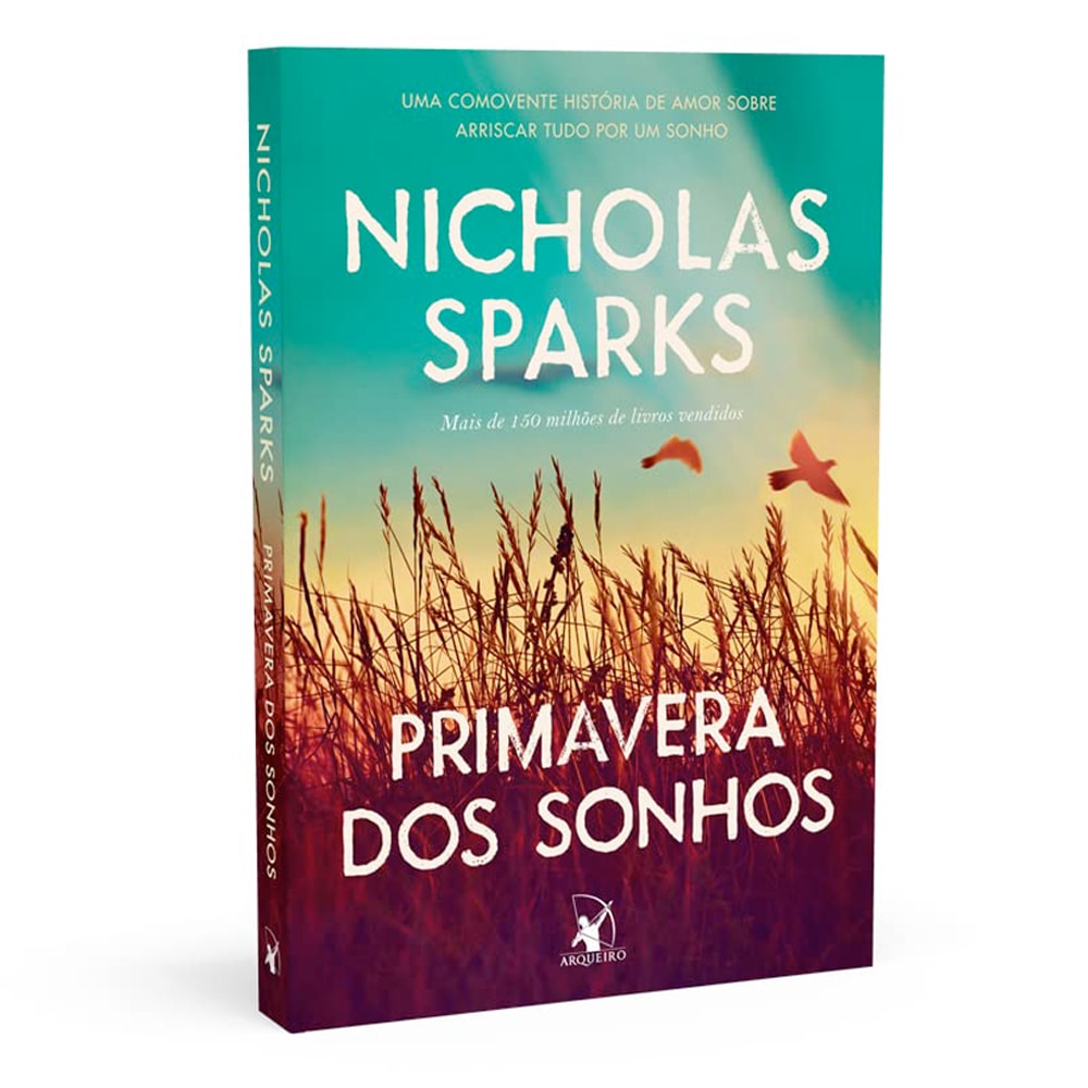 Livro de capa comum, Primavera dos Sonhos de Nicholas Sparks, com capa verde e roxa, e paisagem de campo. — Plenitude
