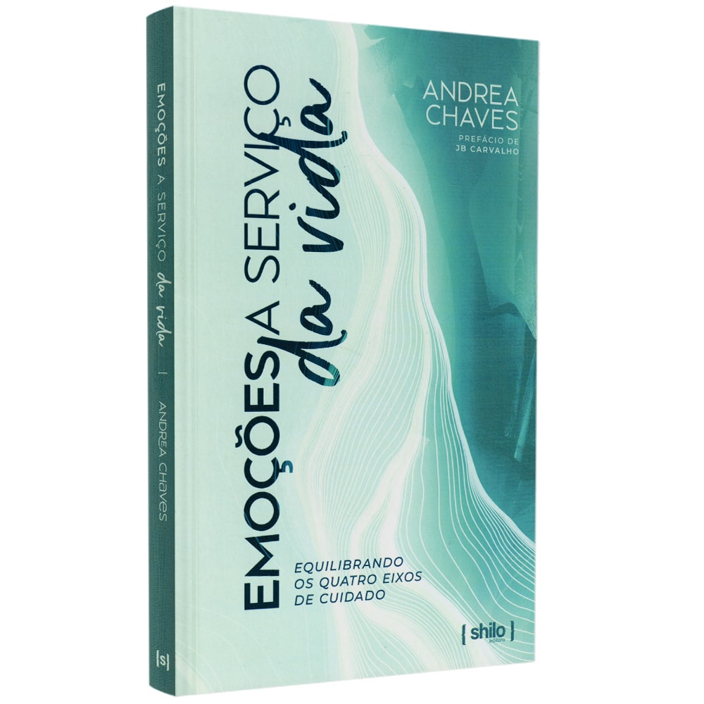 Livro "Emoções a Serviço da Vida" de Andrea Chaves, capa branca com ondas azuis e título em verde. — Plenitude
