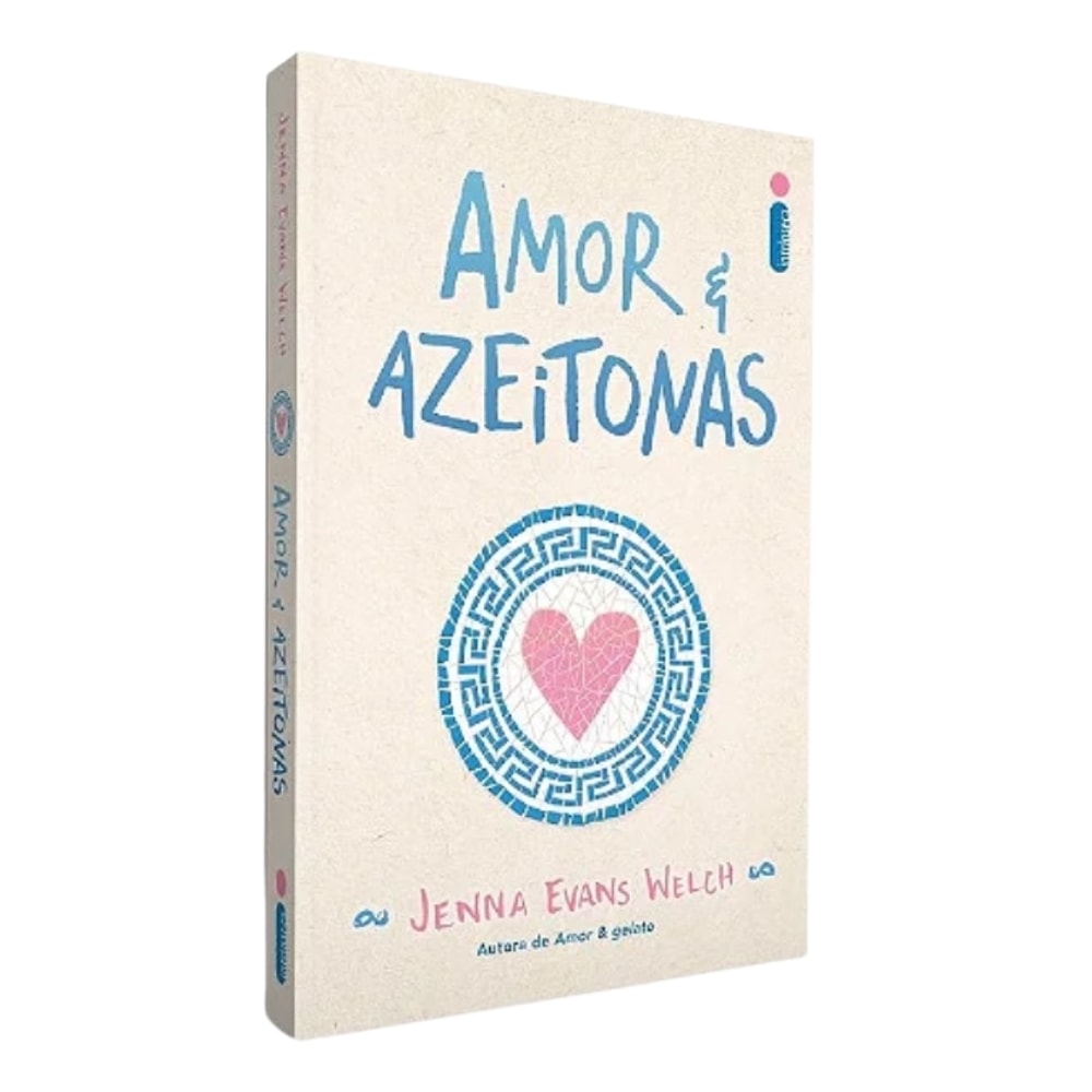 Capa do livro Amor & Azeitonas, de Jenna Evans Welch, com ilustração de um coração rosa e detalhes em azul. — Plenitude