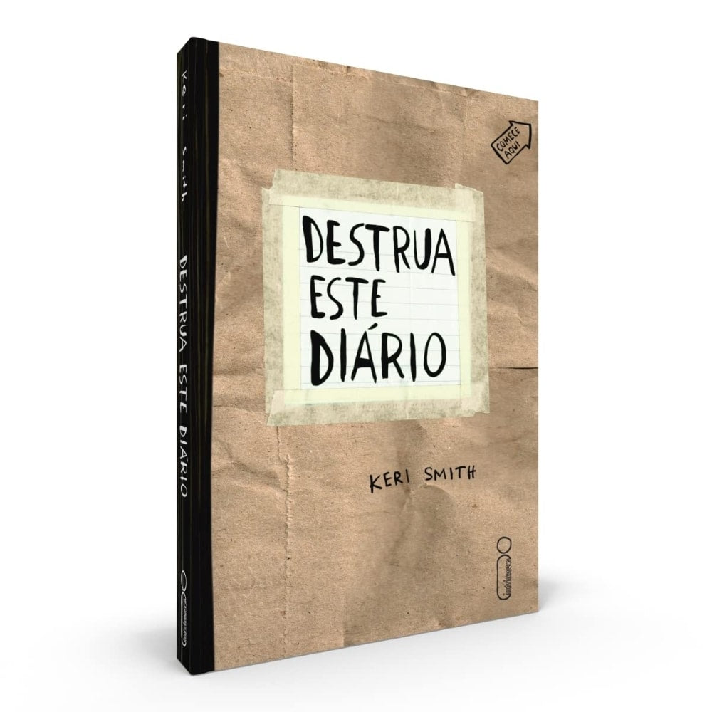 Livro Destrua Este Diário de Keri Smith, capa marrom com fita adesiva e título. — Plenitude
