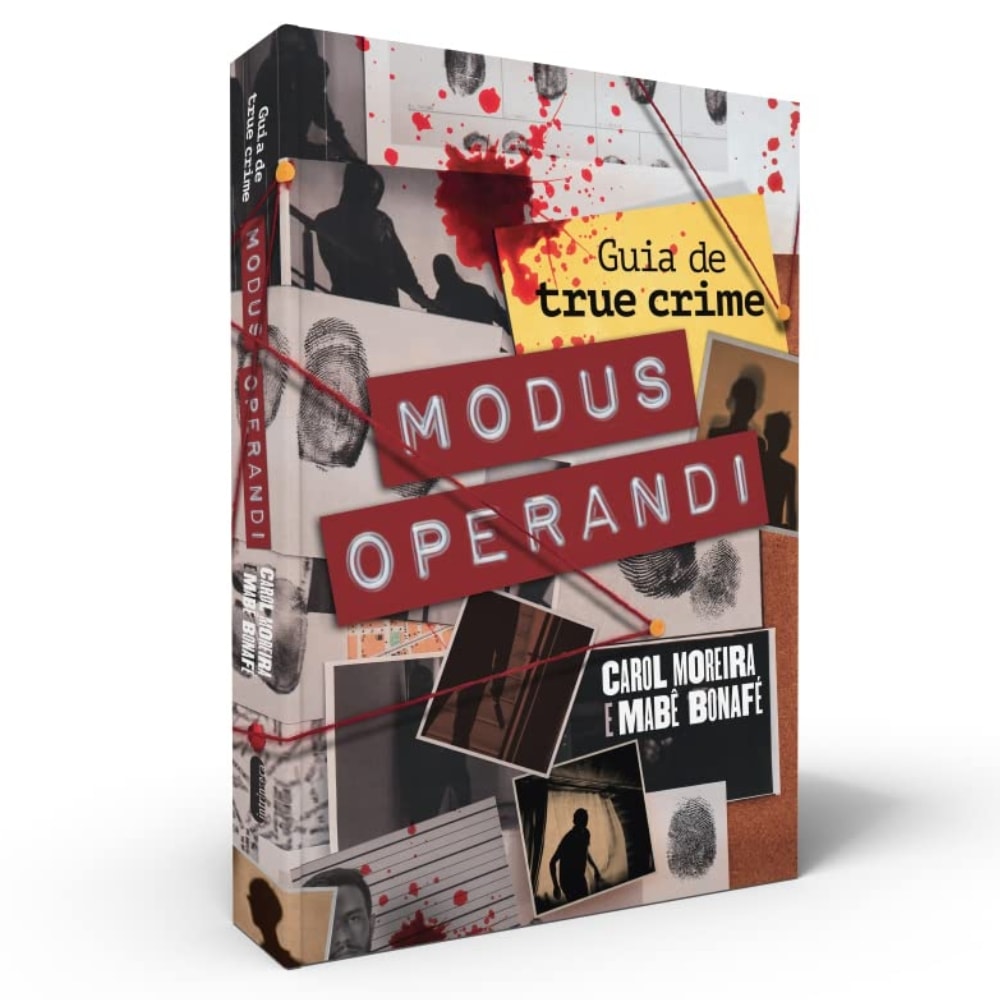 Capa do livro Modus Operandi, de Carol Moreira, com montagem de fotos de cenas de crime e impressões digitais. — Plenitude