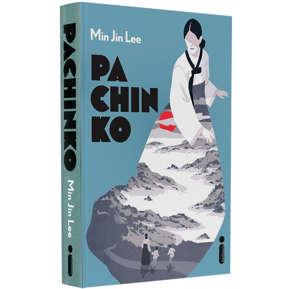 Livro de capa dura, "Pachinko" de Min Jin Lee, com ilustração de mulher em vestido tradicional. — Plenitude