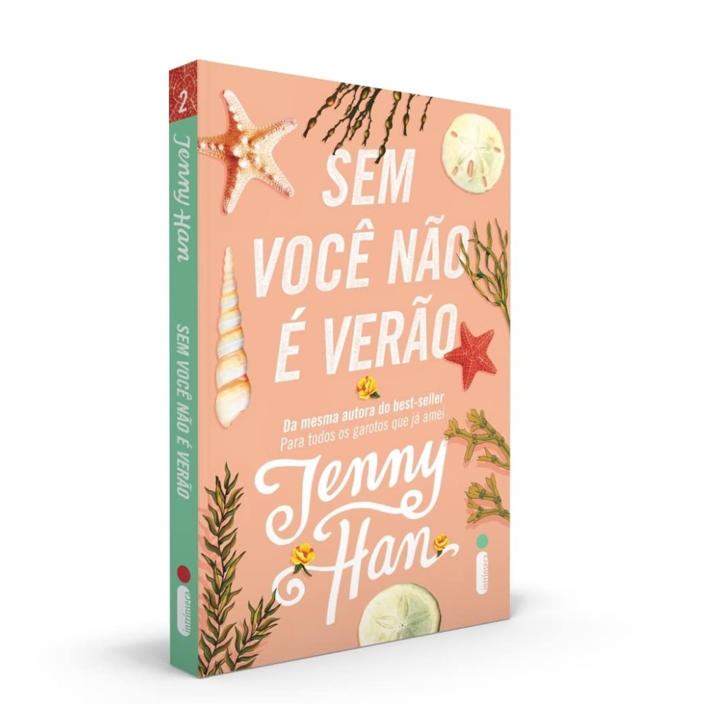 Livro Sem Você Não É Verão de Jenny Han, capa salmão com ilustrações de conchas e estrelas do mar. — Plenitude