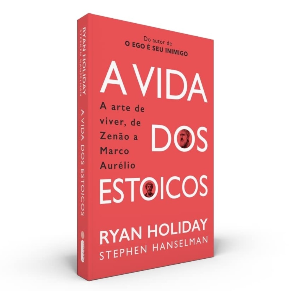 Livro A Vida dos Estoicos, capa vermelha com título em branco e dourado. — Plenitude