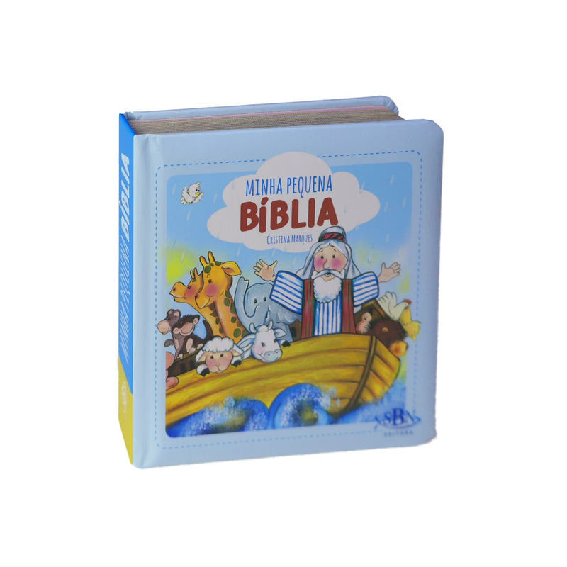 Livro "Minha Pequena Bíblia" de Cristina Marques, SBN Editora. Capa azul com Noé e animais na arca. — Plenitude