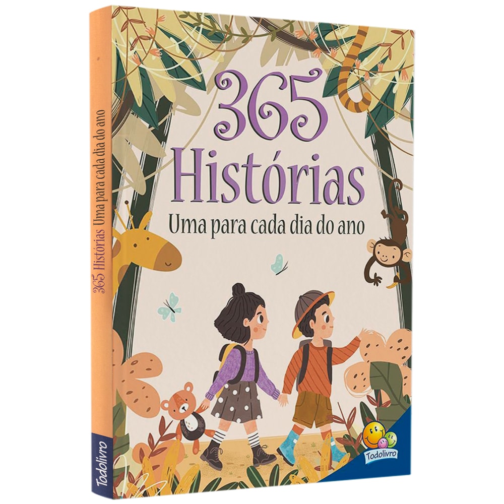 Livro infantil 365 Histórias. Capa com ilustração de crianças e animais na floresta — Plenitude