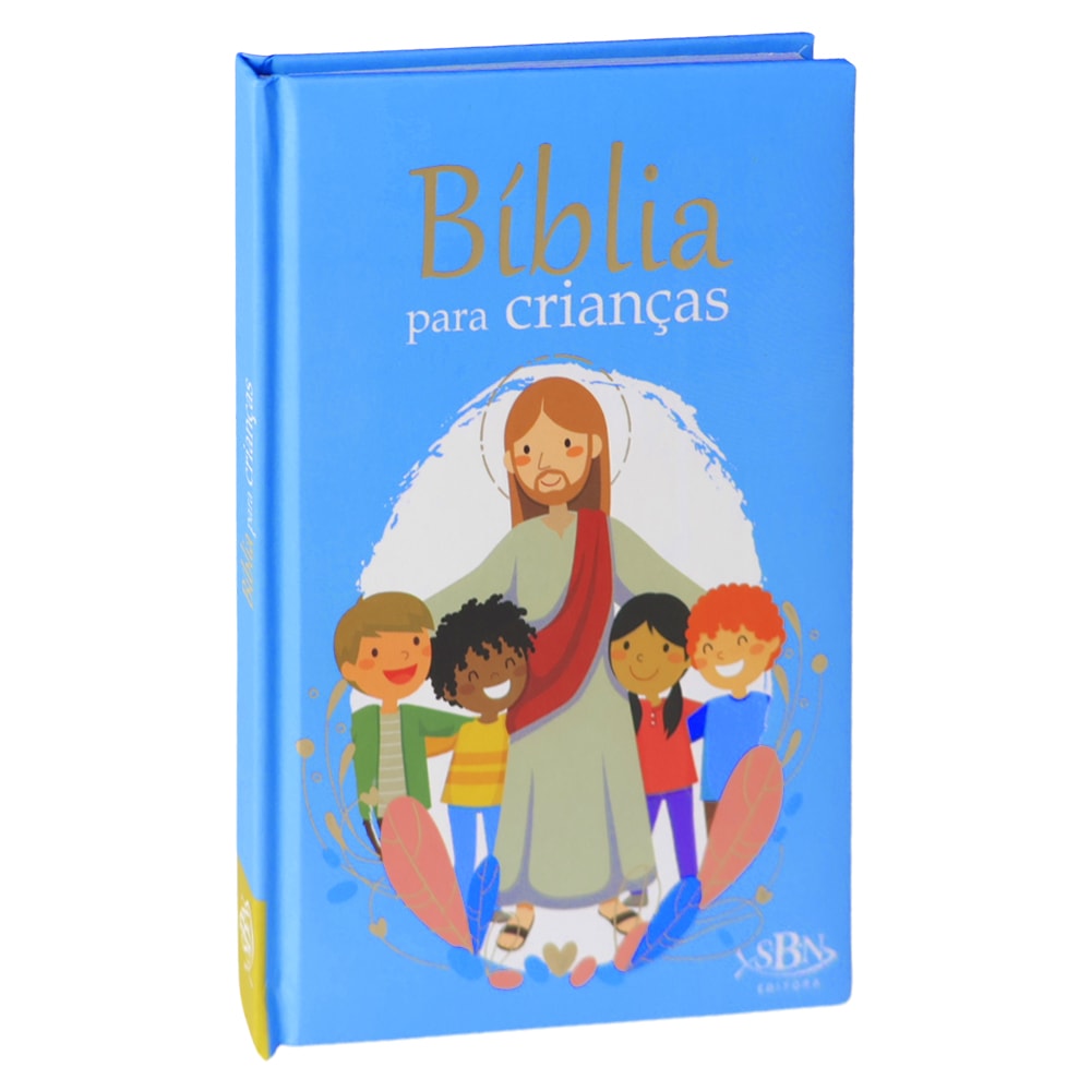 Bíblia para Crianças, capa dura azul com ilustração de Jesus e crianças, detalhes dourados. — Plenitude