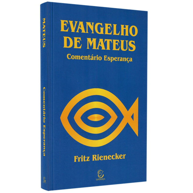 Livro Comentário Evangelho de Mateus de Fritz Rienecker, capa azul com peixe dourado. — Plenitude