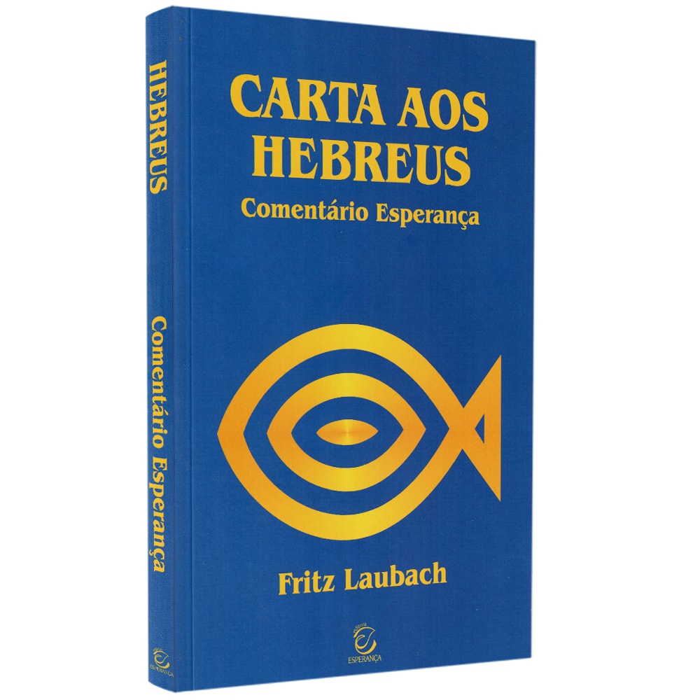 Livro Comentário aos Hebreus de Fritz Laubach, capa azul com peixe dourado. — Plenitude