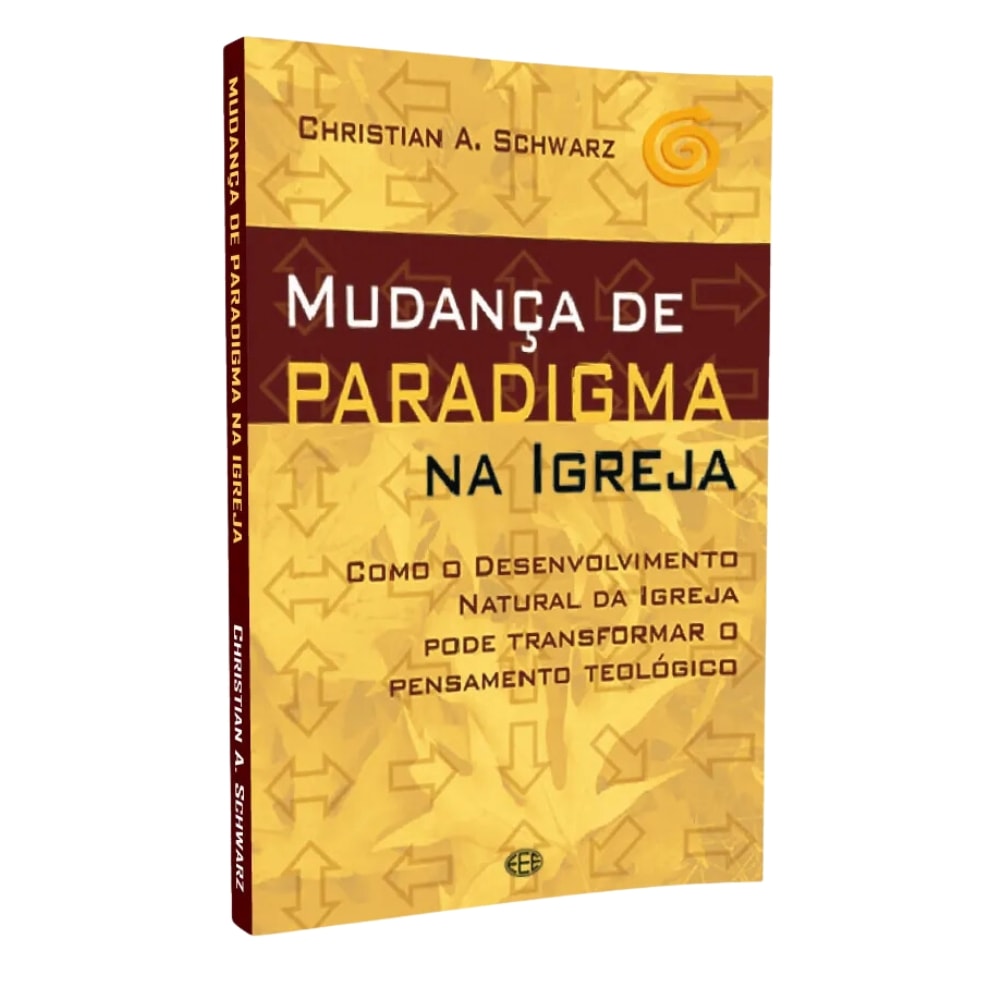 Livro Mudança de Paradigma na Igreja, capa amarela com setas e título em preto. — Plenitude