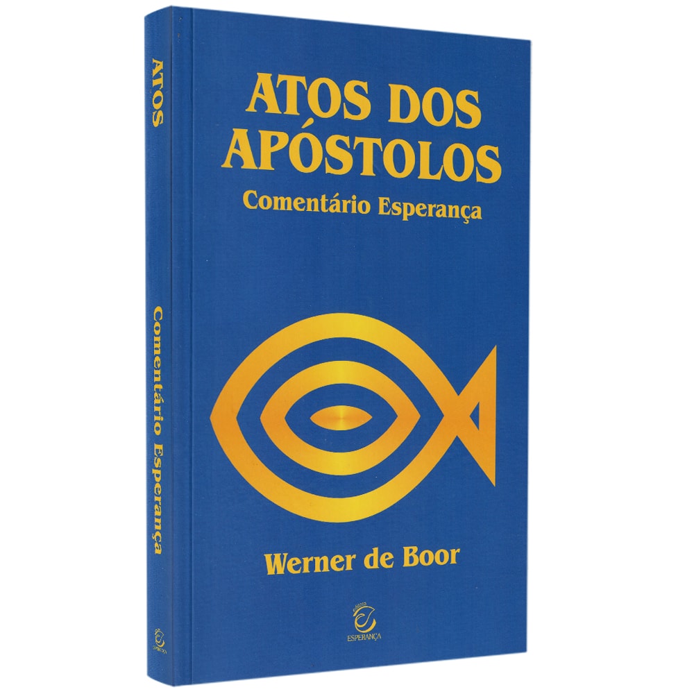 Livro Comentário Evangelho de Atos dos Apóstolos de Werner de Boor, capa azul com peixe dourado. — Plenitude