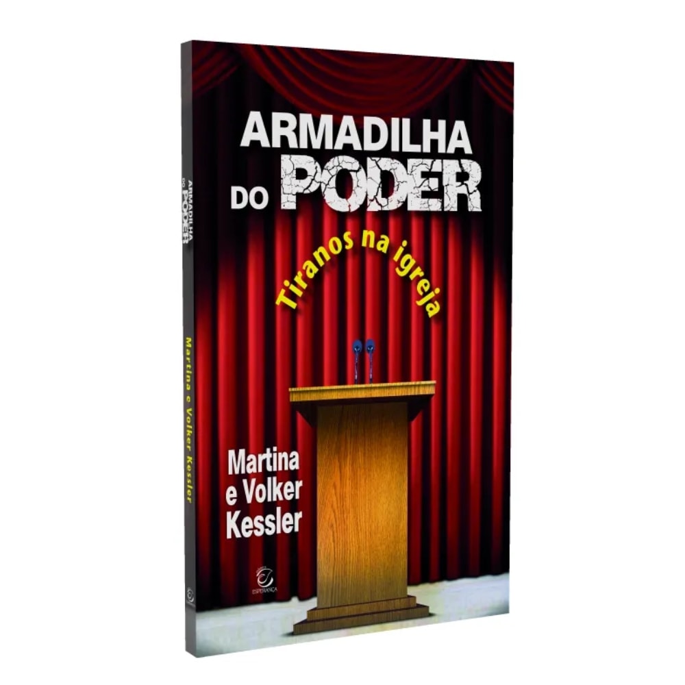 Livro "Armadilha do Poder" de Martina e Volker Kessler, capa preta com palco e cortinas vermelhas. — Plenitude