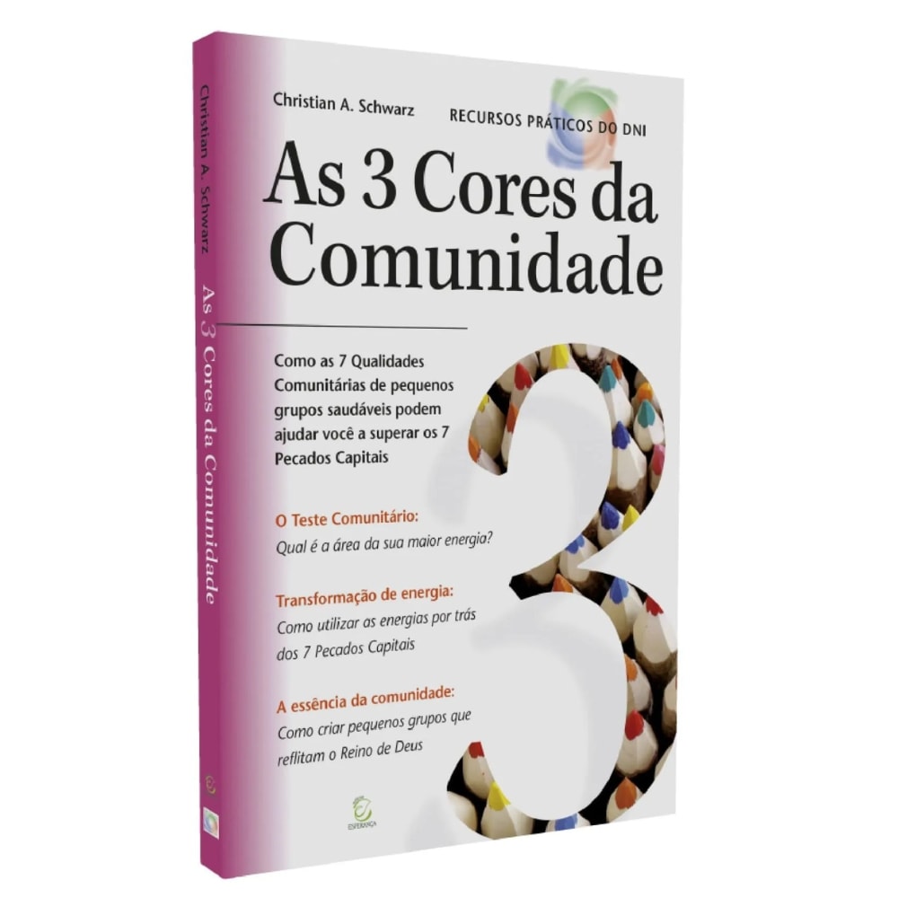 Livro "As 3 Cores da Comunidade" de Christian Andreas Schwarz, capa branca com grande número 3 colorido. — Plenitude