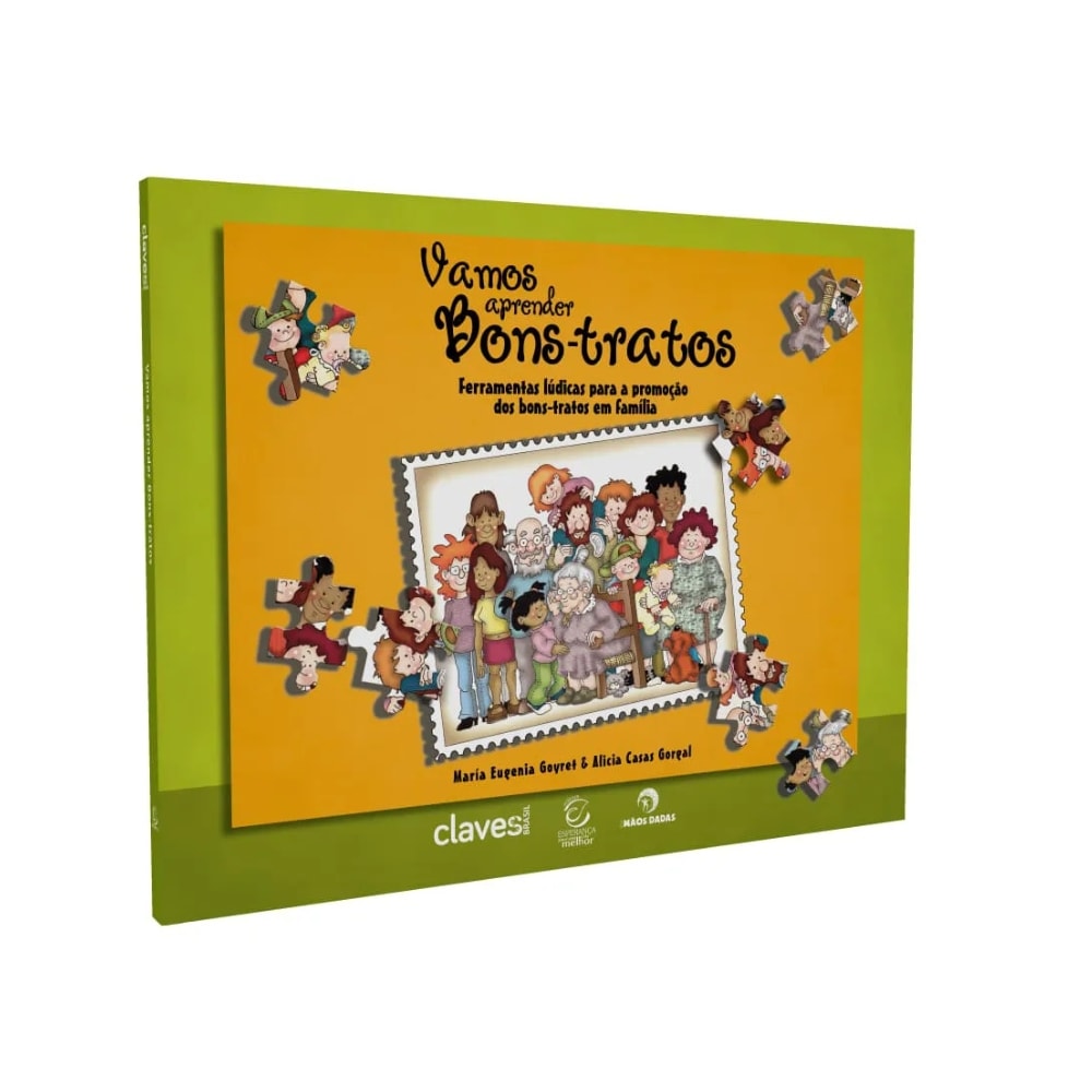 Livro "Vamos Aprender Bons-tratos" de Maria Eugenia Goyret e Alicia Casas Gorg, com capa amarela e quebra-cabeça. — Plenitude