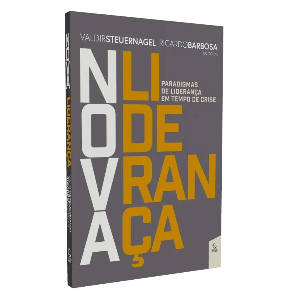 Livro de capa mole, Nova Liderança, com capa cinza e letras grandes em amarelo e branco. — Plenitude