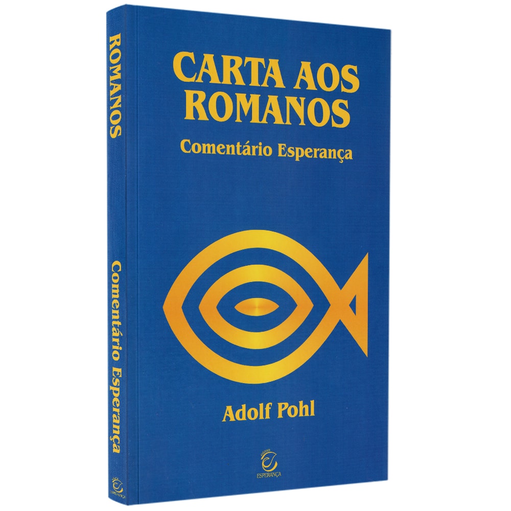 Livro Comentário aos Romanos de Fritz Rienecker, capa azul com símbolo de peixe dourado — Plenitude