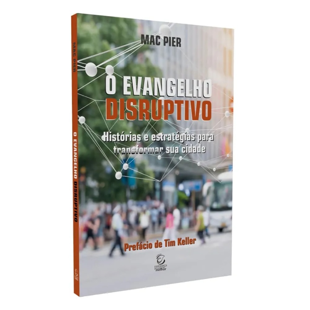 Livro O Evangelho Disruptivo, de Mac Pier. Capa branca com uma cidade ao fundo e formas geométricas. — Plenitude