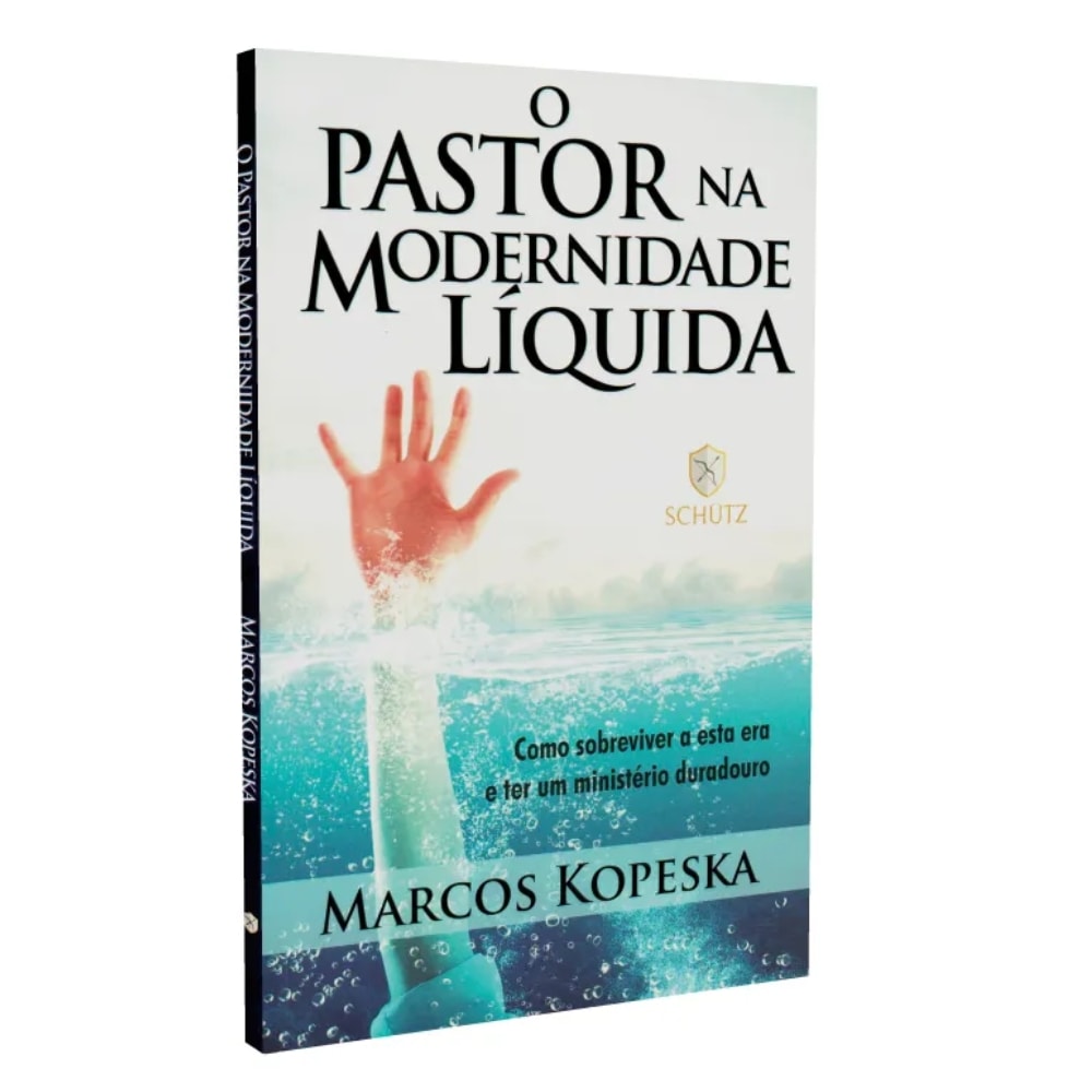 Livro O Pastor na Modernidade Líquida, de Marcos Kopeska. Capa azul com uma mão estendida para cima em um mar agitado. — Plenitude