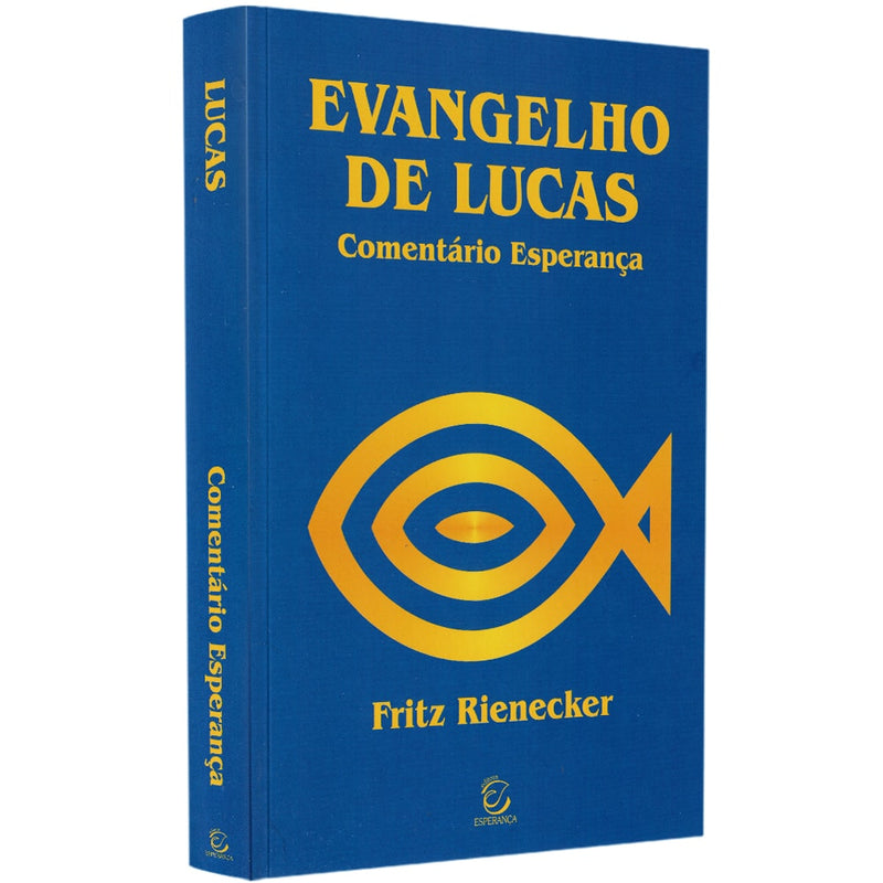 Livro Comentário Evangelho de Lucas de Fritz Rienecker, capa azul com símbolo de peixe dourado — Plenitude