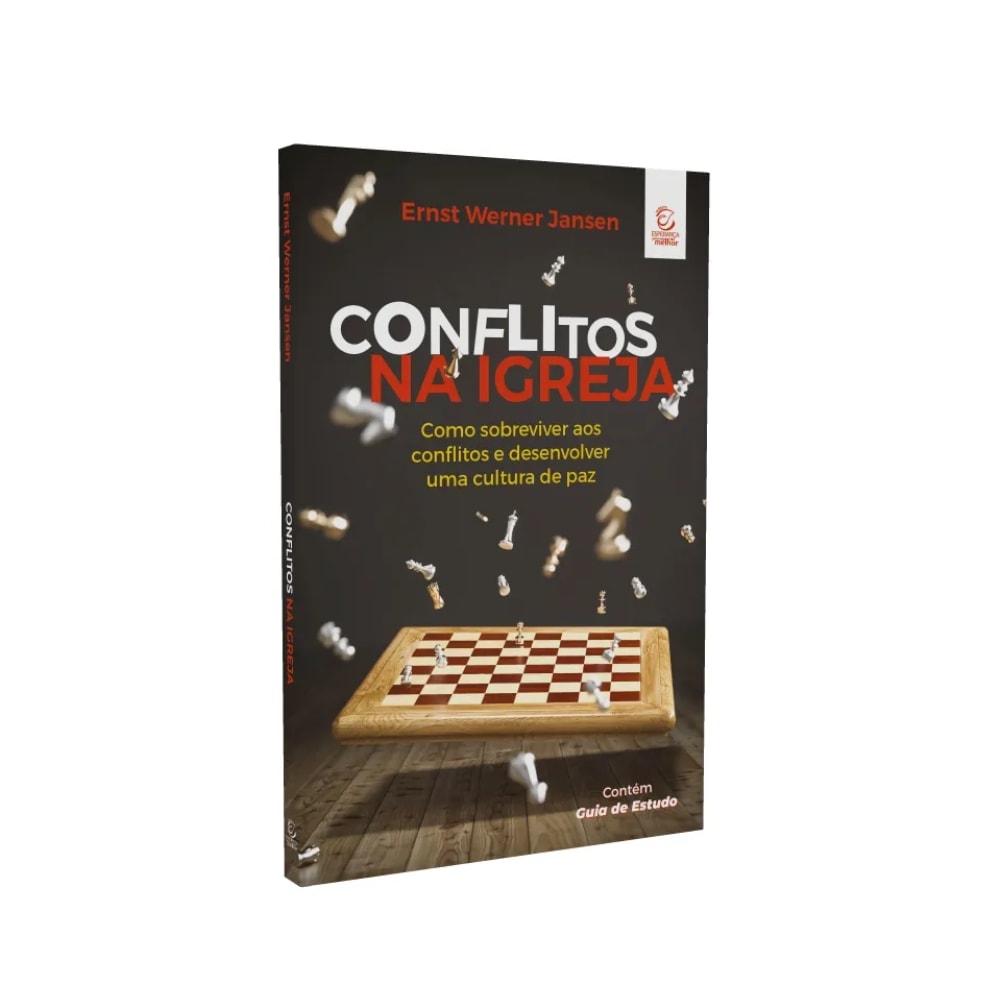 Livro Conflitos na Igreja de Ernst W. Janzen, capa branca com peças de xadrez espalhadas e tabuleiro — Plenitude