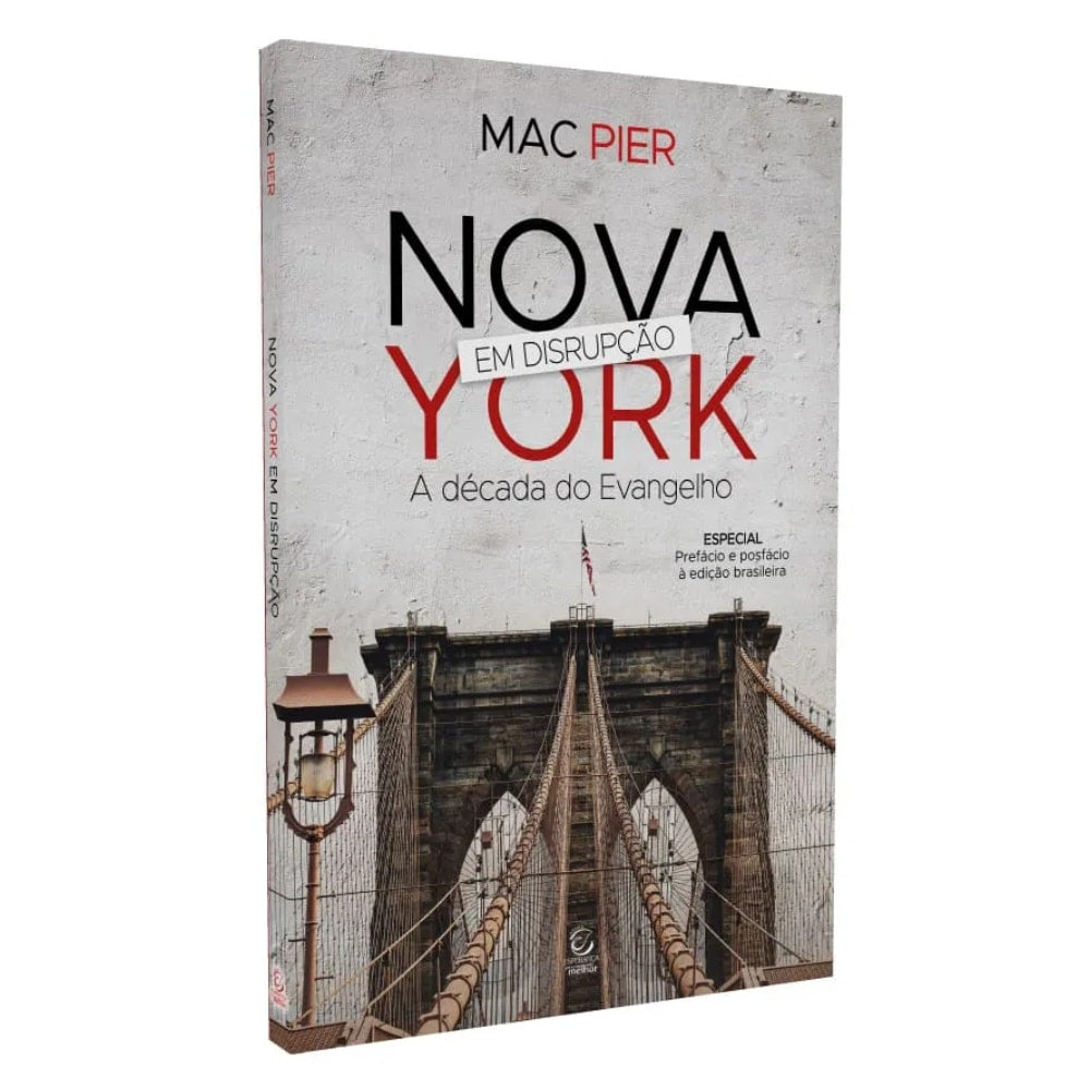 Livro Nova York em Disrupção de Mac Pier, capa cinza com imagem da Ponte do Brooklyn e título em vermelho — Plenitude