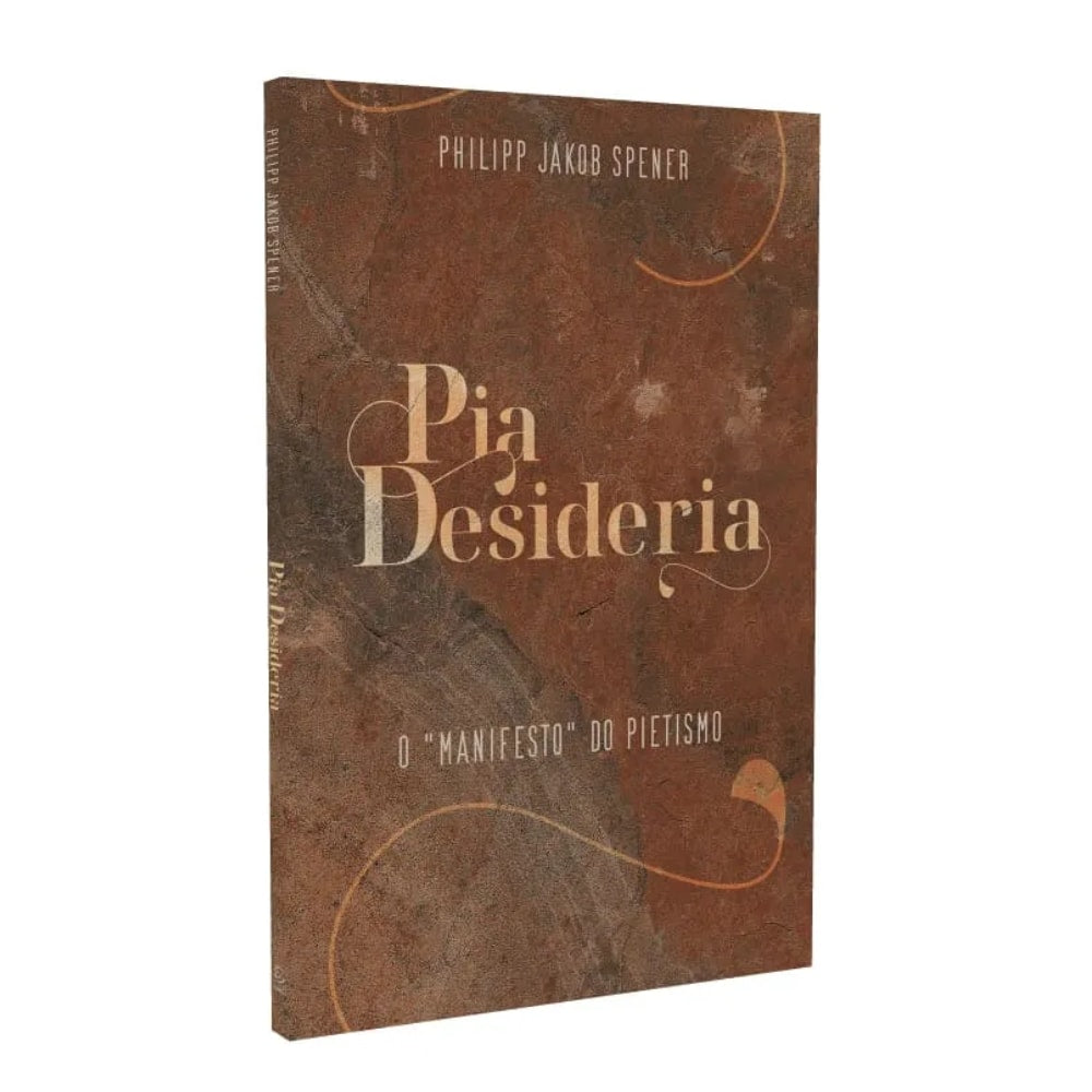 Livro Pia Desideria de Philipp Jakob Spener, capa marrom com título em branco e detalhes em espiral. — Plenitude