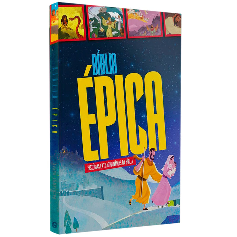 Livro Bíblia Épica, capa azul com título amarelo e ilustrações bíblicas. — Plenitude