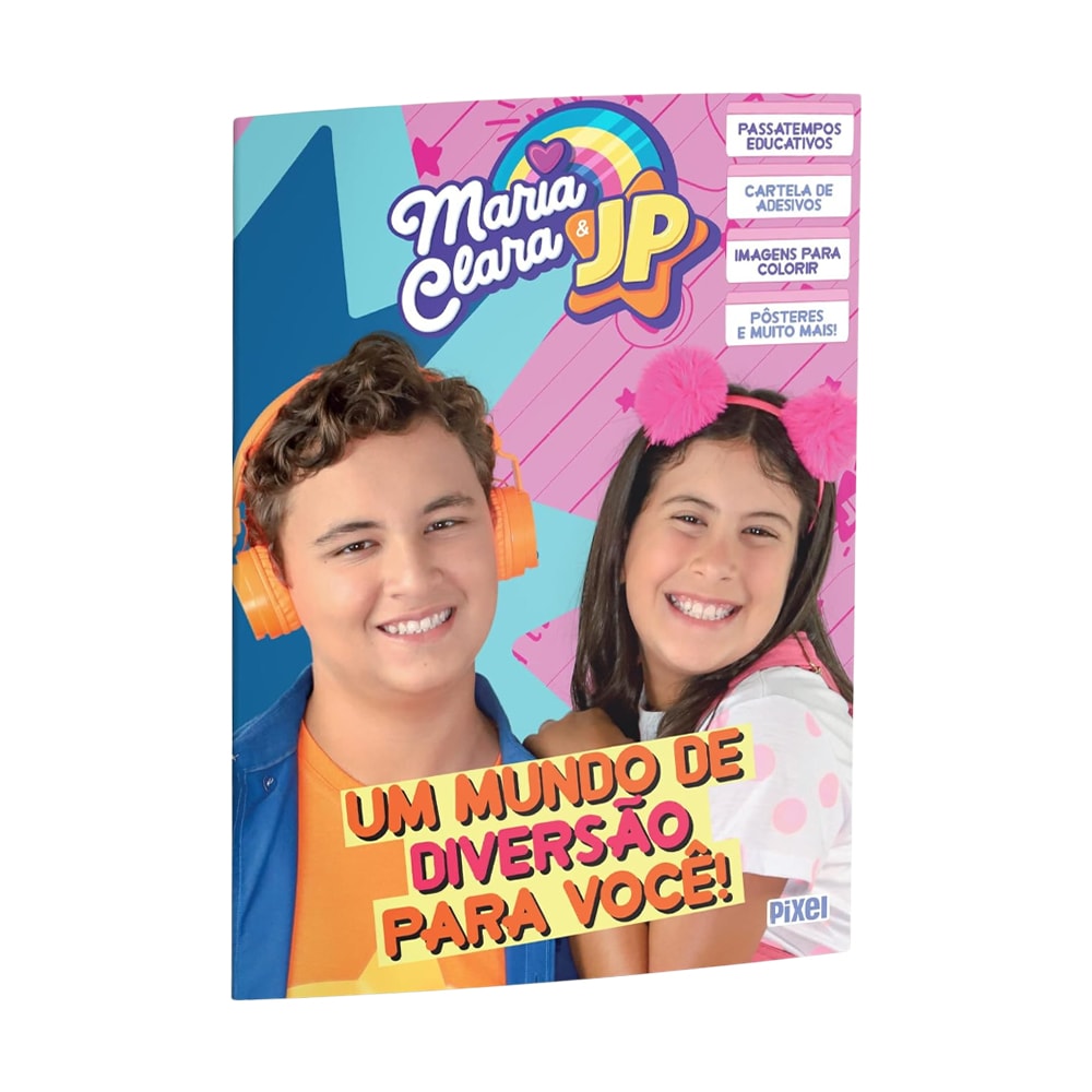 Livro de atividades Maria Clara & Jp, capa colorida com fotos de Maria Clara e JP, texto "UM MUNDO DE DIVERSÃO PARA VOCÊ!" — Plenitude