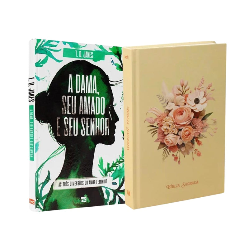 Kit Jardim da Alma | Florescendo no Amor e na Fé: Livro A Dama, Seu Amado e Seu Senhor e Bíblia Sagrada amarela com buquê de flores. — Plenitude