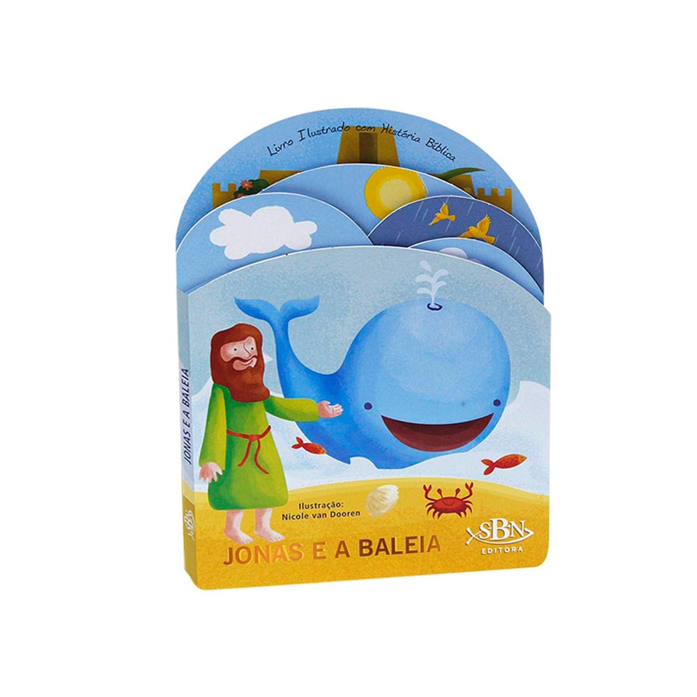 Livro infantil Jonas e a Baleia. Capa em formato de arco com ilustração de Jonas e uma baleia — Plenitude