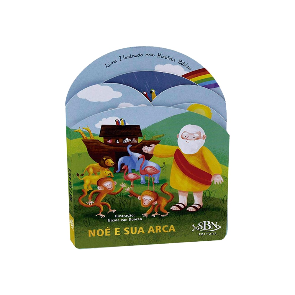 Livro infantil Noé e Sua Arca. Capa em formato de arco com ilustração de Noé e animais na arca — Plenitude