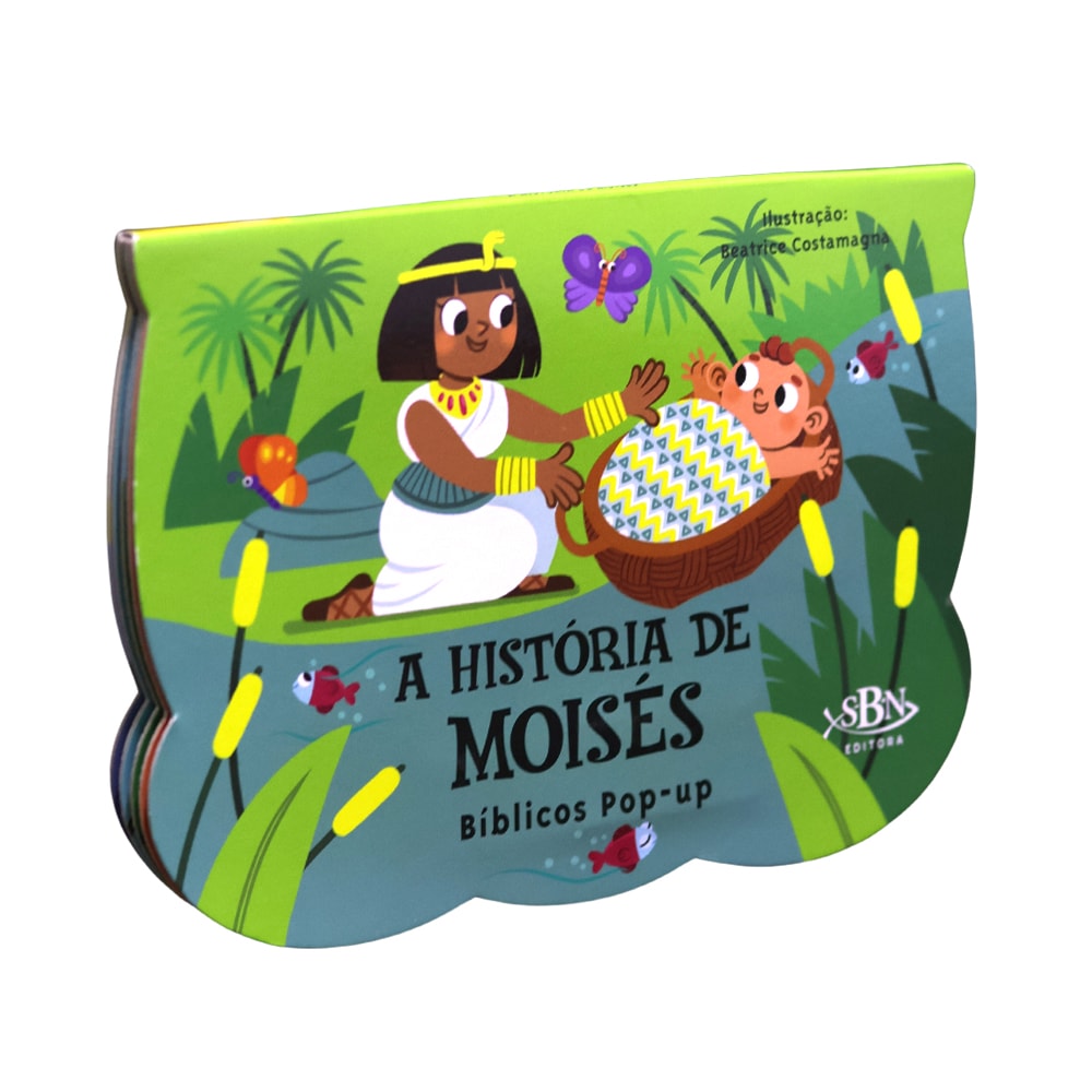Livro pop-up "A História de Moisés" da SBN Editora. Capa colorida em formato de cesto com Moisés bebê e uma mulher. — Plenitude