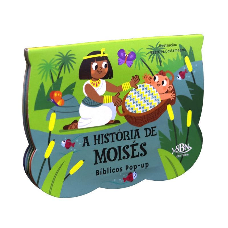 Livro pop-up "A História de Moisés" da SBN Editora. Capa colorida em formato de cesto com Moisés bebê e uma mulher. — Plenitude