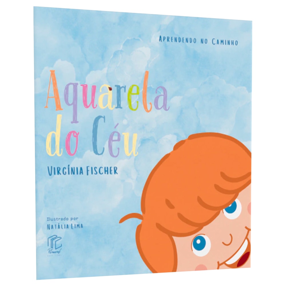 Livro infantil Aquarela do Céu, capa azul com nuvens e rosto de criança. Título colorido. — Plenitude