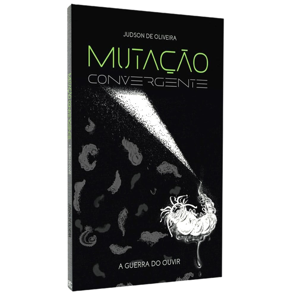 Livro Mutação Convergente, de Judson de Oliveira, capa preta com luz verde e formas brancas. — Plenitude