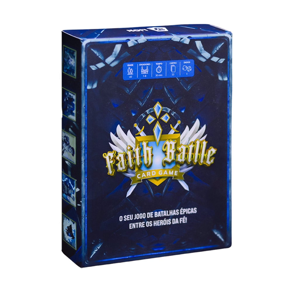 Jogo de cartas Faith Battle em caixa azul escura com detalhes em prata e dourado, com escudo e espadas. — Plenitude