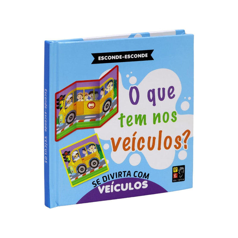 Livro O Que Tem Nos Veículos? Esconde-Esconde, capa azul com ônibus escolar. — Plenitude