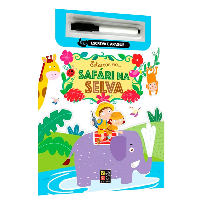 Livro Escreva e Apague Estamos No Safári e Na Selva, capa com crianças e elefante. — Plenitude