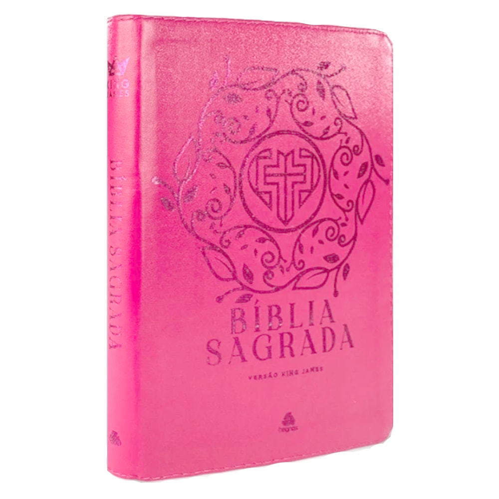 Bíblia Sagrada King James Fiel 1611, capa luxo rosa com zíper, detalhes em relevo e cruz central. — Plenitude