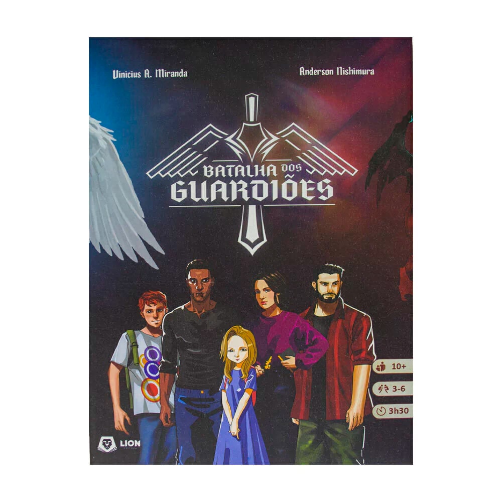 Jogo de RPG Batalha dos Guardiões, por Vinicius A. Miranda, capa escura com 4 personagens. — Plenitude