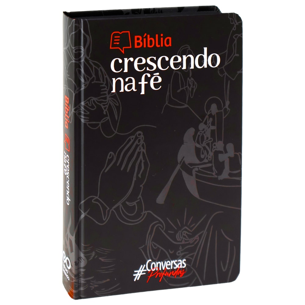 Bíblia Crescendo na Fé NAA, capa dura preta com ilustrações de cenas bíblicas e mãos orando. — Plenitude