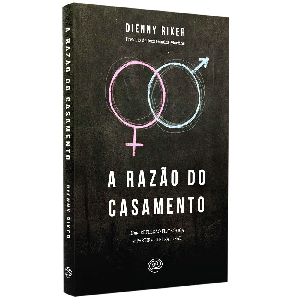 Livro A Razão do Casamento, capa preta com símbolos de gênero desenhados, de Dienny Riker. — Plenitude