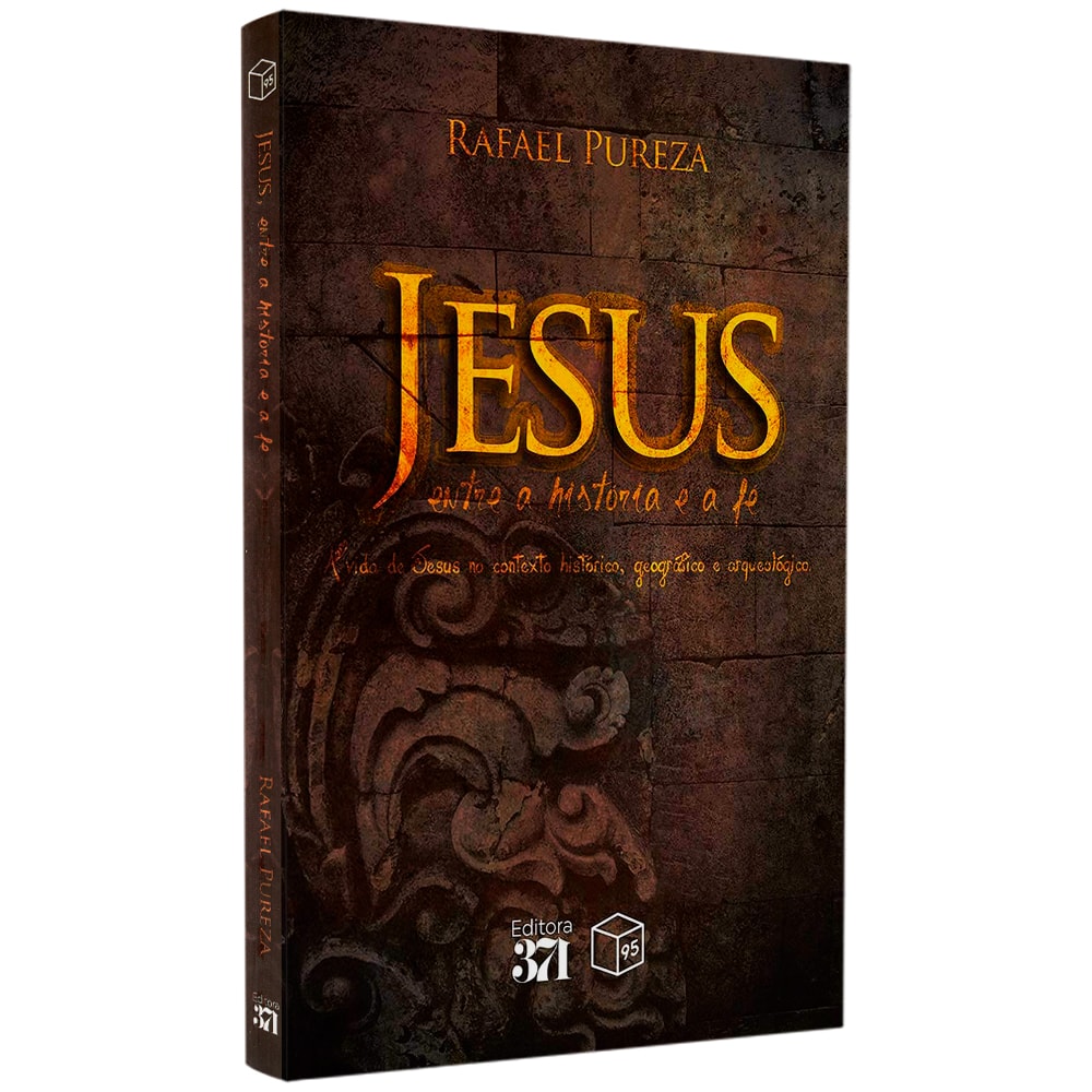 Livro "Jesus Entre a História e a Fé" de Rafael Pureza, capa marrom com letras douradas e detalhes em pedra. — Plenitude