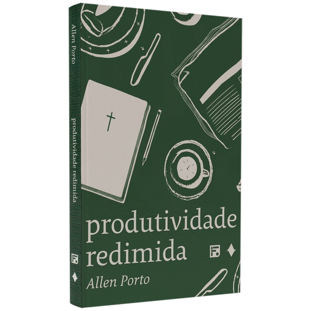 Livro Produtividade Redimida de Allen Porto, capa verde escura com ilustrações de objetos de escritório. — Plenitude