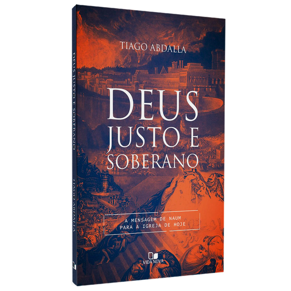 Capa do livro Deus Justo e Soberano, com ilustração de cidade antiga em tons de azul e laranja. — Plenitude