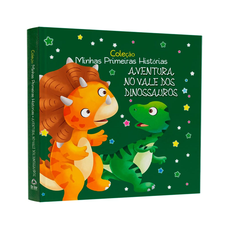 Coleção Minhas Primeiras Histórias, King Books, capa dura verde com dinossauros. — Plenitude